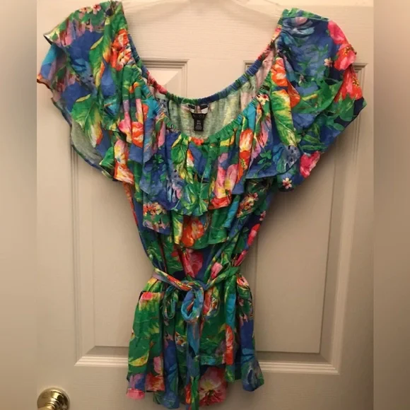 Lauren by Ralph Lauren Floral belted top with elastic neck line. Brand New 3X - Picture 1 of 7